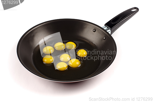 Image of Broken quail eggs in pan