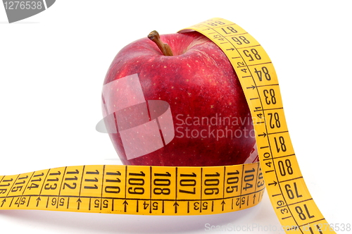 Image of Apple and measuring tape on white