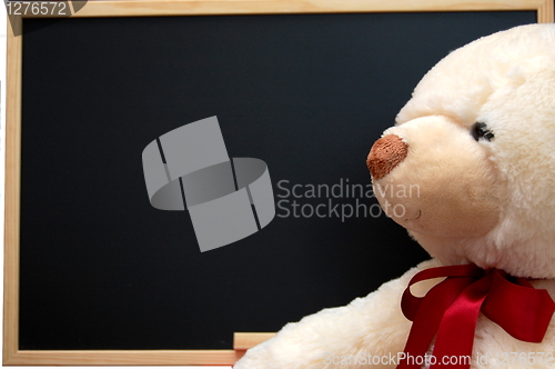 Image of teddy with empty blackboard