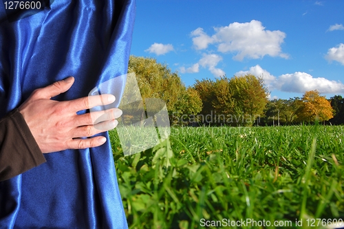 Image of park and blue curtain