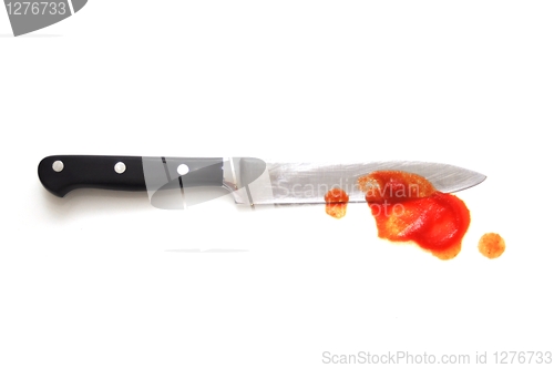 Image of knife with red blood from murder
