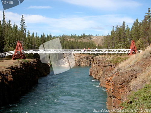 Image of Suspension bridge spanning Miles Canyon & River. Yukon, Canada