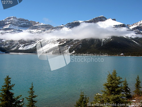 Image of Lake with Rocky Mountain backdrop, partially obscured with a cloud band