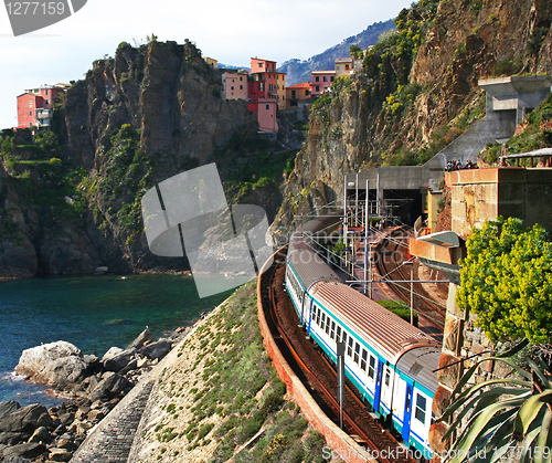 Image of Italy. Cinque Terre. Train at station Manarola 