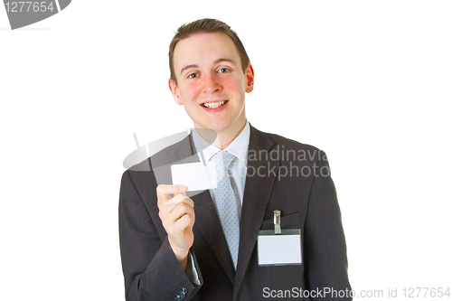 Image of Smiley businessman showing business card
