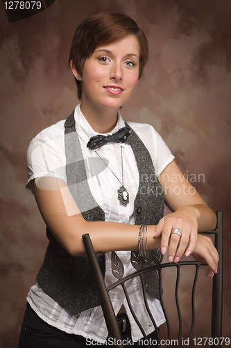 Image of Attractive Red Haired Young Adult Female Portrait Leaning on Cha