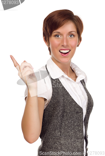 Image of Pretty Smiling Young Adult Female Pointing Up and Over