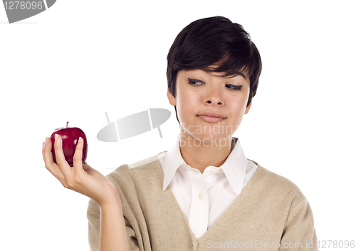 Image of Pretty Hispanic Young Adult Female Looking at Apple