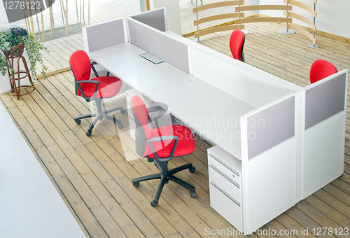 Image of office desks and red chairs cubicle set 