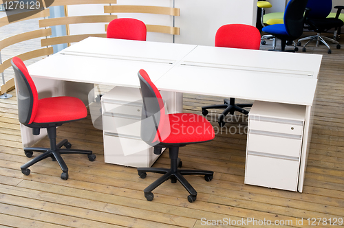 Image of office desks and red chairs cubicle set 