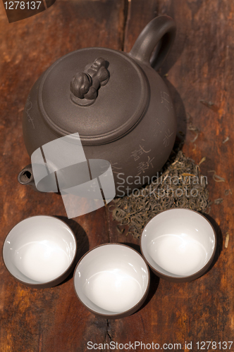 Image of chinese green tea pot and cups