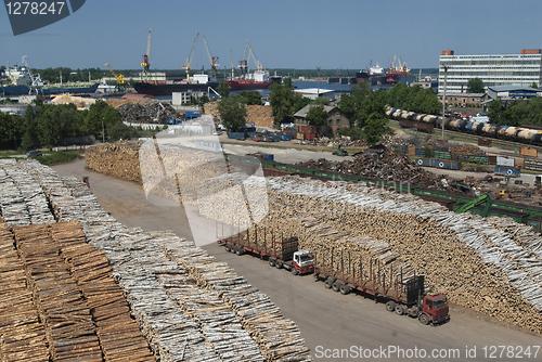 Image of Timber trucks on wood factory