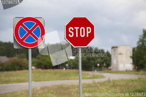 Image of Stop sign and clearway sign on roadside