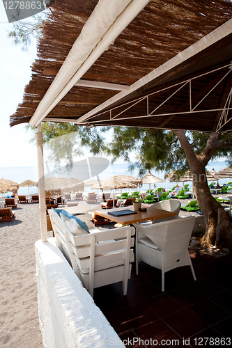 Image of Restaurant tables in Perissa, Santorini, Greece