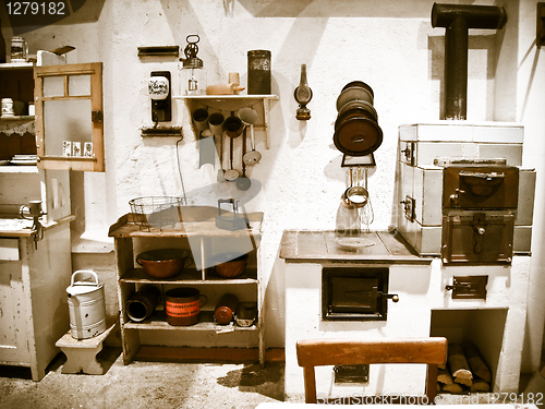 Image of Old, historical Kitchen equipment and utensils