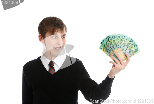Image of Happy student or young worker holding cash