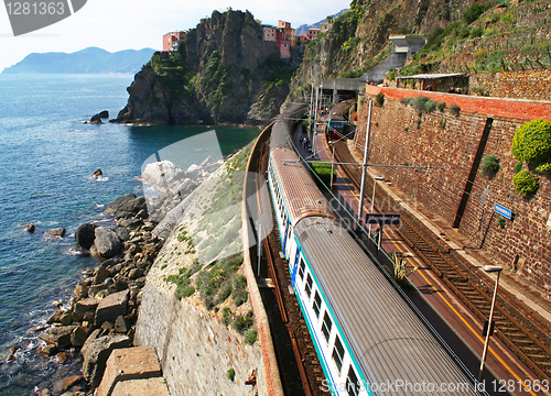 Image of Italy. Cinque Terre. Train at station Manarola 