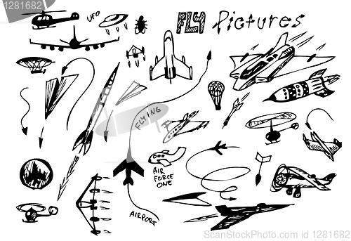 Image of hand drawn flying vehicles icons