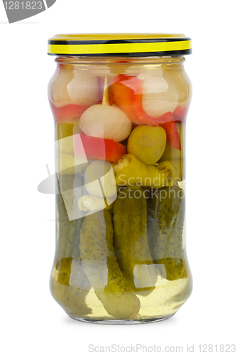 Image of Vegetables on skewer marinated in the glass jar