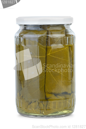 Image of Dolma (sarma) ingredients: grape leaves conserved in the glass jar