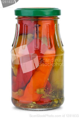 Image of Chili peppers marinated in the glass jar