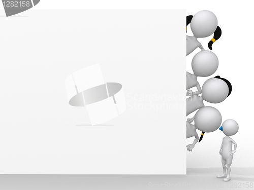 Image of 3D Happy family behind a billboard 
