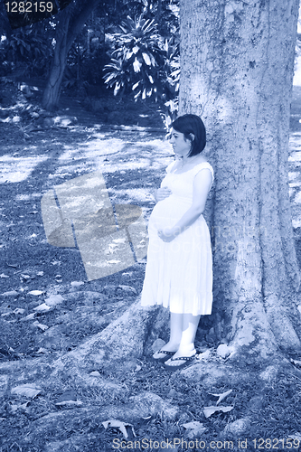 Image of Pregnant woman holding belly wishing everything goes well in the