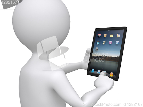 Image of 3D man holding a touchpad pc pressing one of the icons