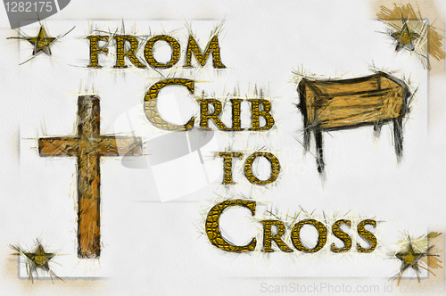 Image of Crib to Cross Christian Art (Line Drawing/Gold Text)