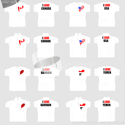 Image of white t shirt with country flags in love heart