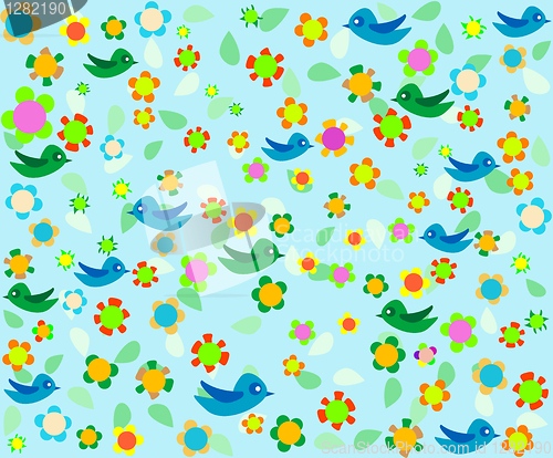 Image of Romantic floral background with cartoon birds