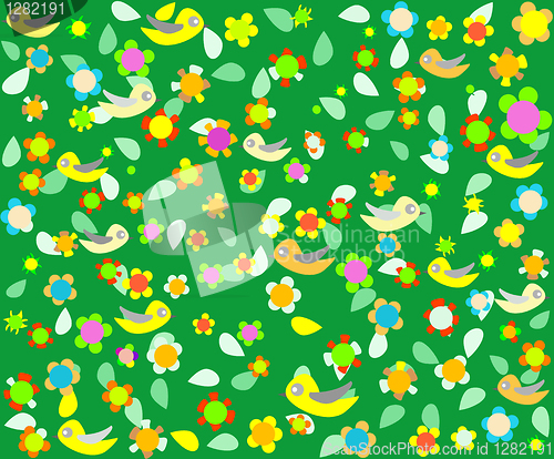 Image of cartoon birds on green floral background