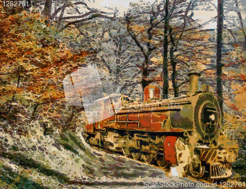 Image of Orange Train through forest (oil painting)