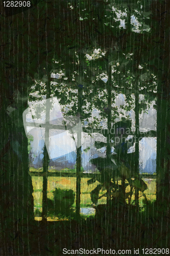 Image of Vineyard through a window