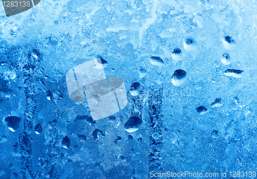 Image of frozen water drops on winter glass