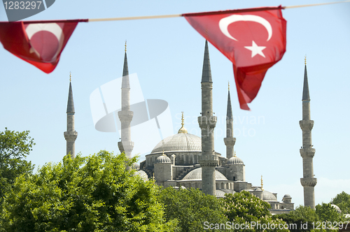 Image of Blue Mosque with Turkish flags Istanbul