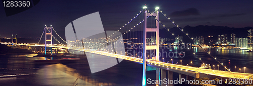 Image of Beautiful night scenes of Tsing Ma Bridge in Hong Kong. 