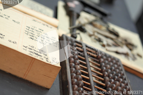 Image of abacus and book on the table in a chinese old shop