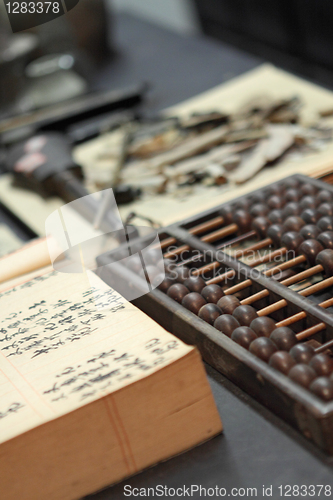 Image of abacus and book on the table in a chinese old shop