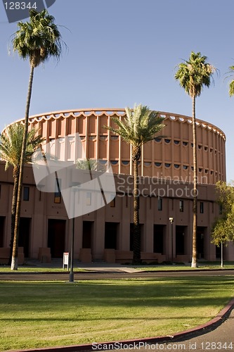 Image of Music Building in front of the University Football Stadium