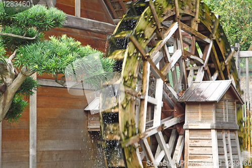 Image of water wheel on old grist mill in forest