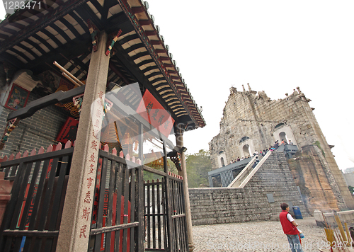 Image of Macao scenery of panorama with Chinese traditional temple, ruins