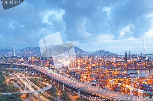 Image of Hong Kong Bridge of transportation ,container pier.