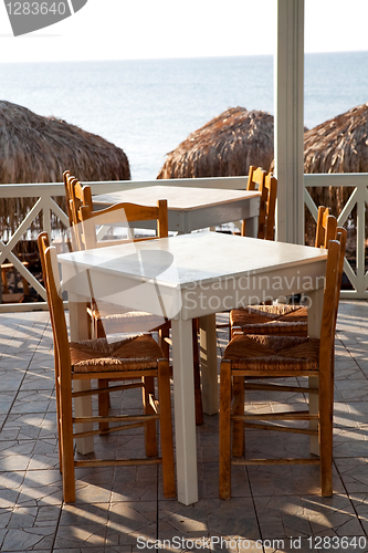 Image of Restaurant tables in Perissa, Santorini, Greece