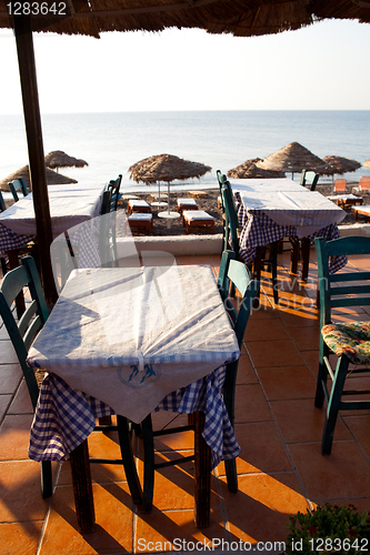 Image of Restaurant tables in Perissa, Santorini, Greece