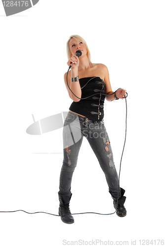 Image of Woman singing into microphone