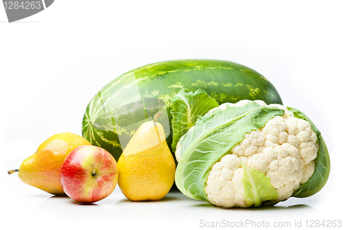 Image of Watermelon, apple, pears and cauliflower.