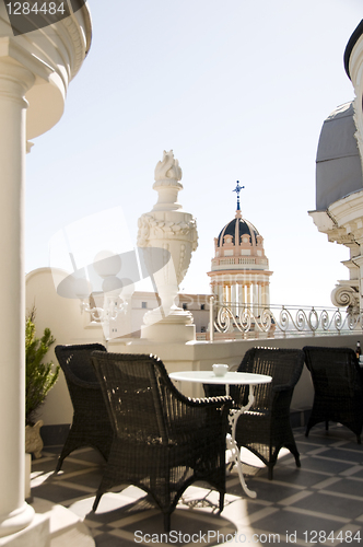 Image of rooftop cafe Gran Via cathedral view Madrid Spain