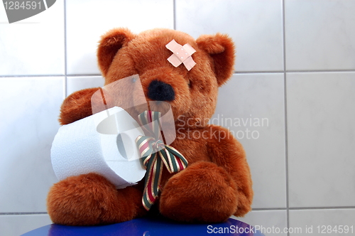 Image of toy teddy bear on wc toilet