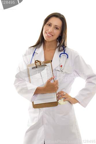 Image of Attractive smiling doctor with health record document
